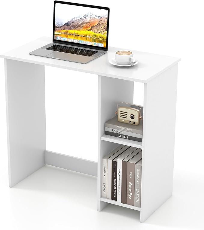 Giantex White Small Desk for Bedroom, 31.5 Inch Home Office Computer Desk with Shelves, Space Saving Study Writing Desk, Modern Simple Laptop Desk for Small Spaces, White