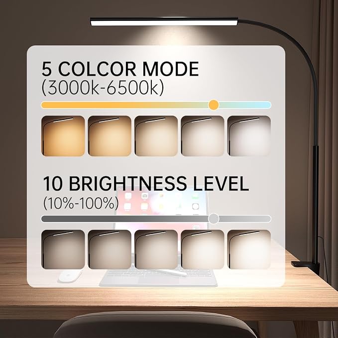 LED Desk Lamp with Clamp, 5 Color Modes & 10 Brightness Levels, Eye-Caring Desk Light, Flexible Gooseneck, Memory Function, Adapter Included for Home Office, Reading & Study