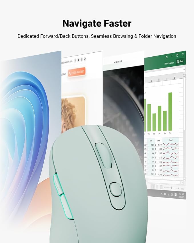 wegear USB Wireless Mouse for Laptop PC Mac, 2.4GHz Cordless Mouse with 6 Buttons, 5-Level Adjustable 4000 DPI, Ergonomic Portable Optical Computer Mice, 24-Month Battery Life (Mint Green)