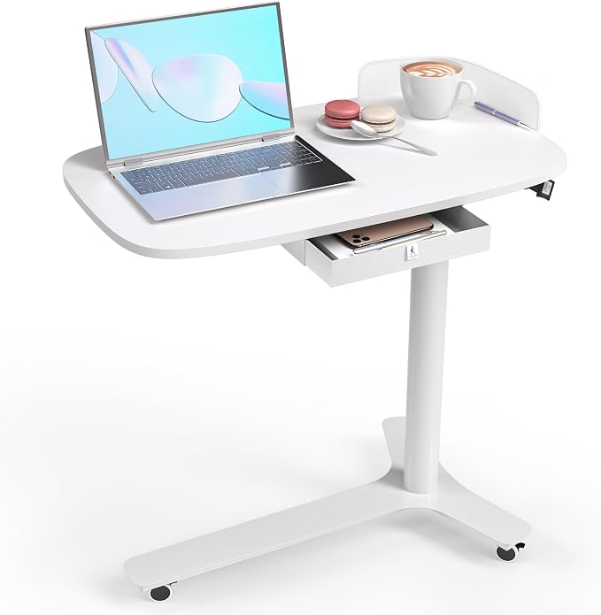 WALKINGDESK Rolling Desk Adjustable Height with Drawer and Wheels, Portable Small Standing Desk Pneumatic for Home Office, Mobile Computer Laptop Cart, Medical Sofa Overbed Table, White