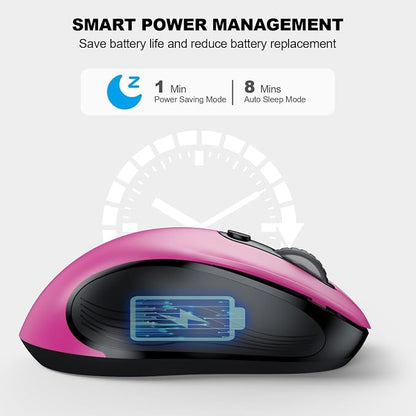 WisFox 2.4G Wireless Mouse for Laptop, Ergonomic Computer Mouse with USB Receiver and Type-C Adapter, 3 Adjustable Levels, 6 Button Cordless Wireless Mice for Windows Mac PC Notebook (Fuchsia)