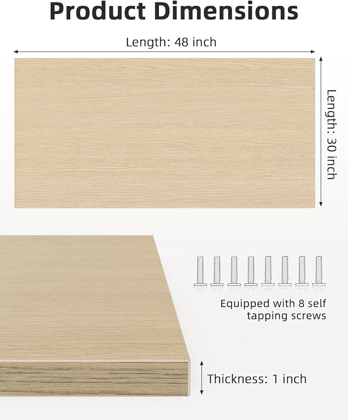 Universal 48 x 30 One-Piece Solid Wood Table Top, 1" Thick Desktop for Stand Up Height Adjustable Desk Frames, Home Office Tabletop, Countertop DIY, White Oak