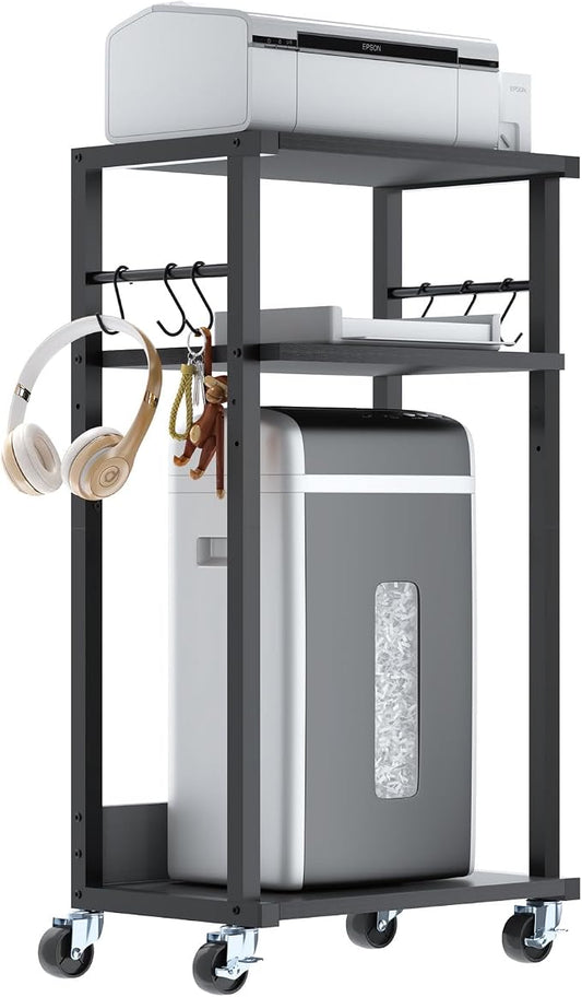 YMYNY Mobile Printer Stand, 3-Tier Printer Cart with Adjustable Storage Shelf and 6 S-Hooks, Tall Printer Table for Home Office, for Computer Tower Stand, Shredder, CPU Stand, Black, UHPT002B