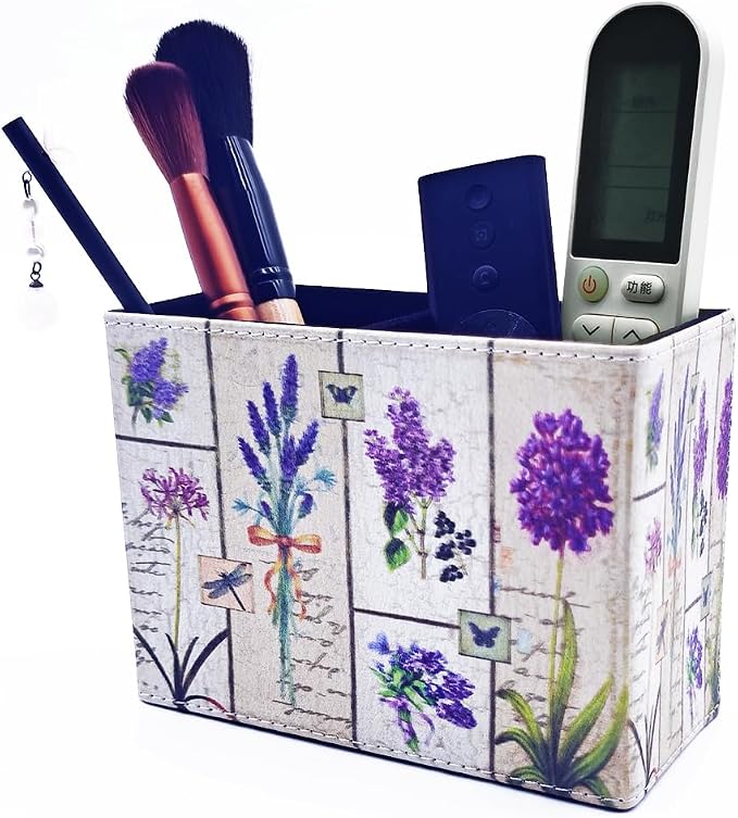 Pen Holder, Rectangle Vintage Pencil Holder with 2 Compartments, PU Leather Art Remote Control Holder Organizer Storage for Desk Accessory (Lavender)