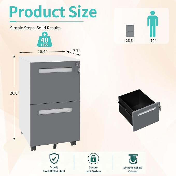 SAWJEC 2 Drawer File Cabinet with Lock, Fully Assembled Filing Cabinet Rolling Printer Stand Under Desk fits Legal/A4/Letter Size, Home Office Storage,18" D x 15" W x 27" H, Grey