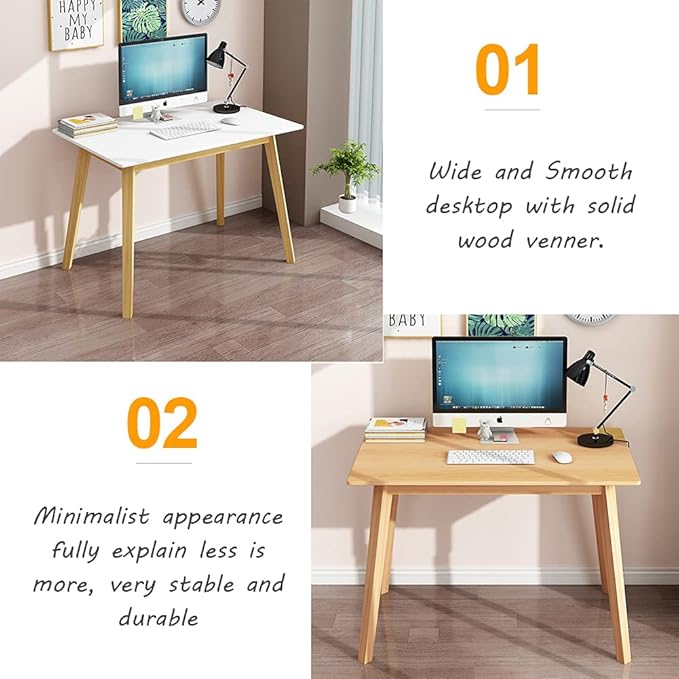 IOTXY Simple Wooden Writing Desk - Modern Minimalist Style PC Laptop Computer Workbench with Solid Wood Legs, 31.5" W Home Office Work Table for TV Stand Music Video Live Broadcast Workstation, Oak