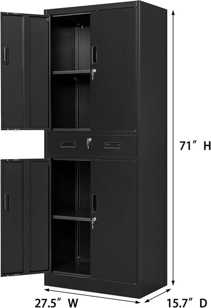 CJF 71" H Tall Metal Storage Cabinet with Drawer, Locking Garage Cabinet with 2 Adjustable Shelves, Heavy-Duty Tool File Storage Cabinets for Home Office, Kitchen, Warehouse, Shop (Black)