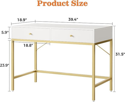 SUPERJARE 39.4" White and Gold Desk with 2 Drawers, Modern Makeup Vanity Desk, Small Computer Desk Home Office Desk for Writing Study Bedroom