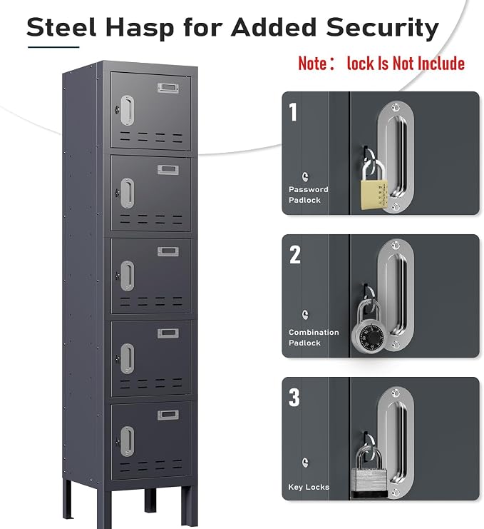 BUTISOW Metal Lockers - 66" Height Steel Lockers for Employees with 5 Door Storage Locker with Card Slot for Employees Gym School Home Office Garage - Assembly Required