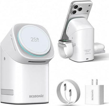 3 in 1 Wireless Charging Station for Apple & Samsung, 25W Fast Magnetic Wireless Charger Stand for Magsafe iPhone 17/16/15/14/13/12 Pro Max, Galaxy S25/24/23/22, AirPods, iWatch (with 45W Adapter)