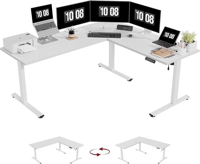 SANODESK Electric Corner L-Shaped 71 x 63 in Standing Desk, Memory Height Adjustment, White Top White Frame