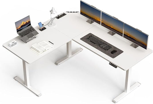 63 x 55 inch L-Shaped Standing Desk, Corner Computer Desk, Electric Standing Desk Adjustable Height, Sit to Stand Ergonomic Workstation for Home Office, White
