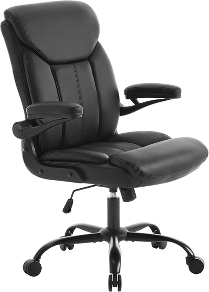 Home Office Ergonomic Desk Chair - Comfy Leather Executive Chair with Flip-Up Armrests, Height Adjustable Computer Chair for Gaming, 360° Swivel & Rocking(Black)