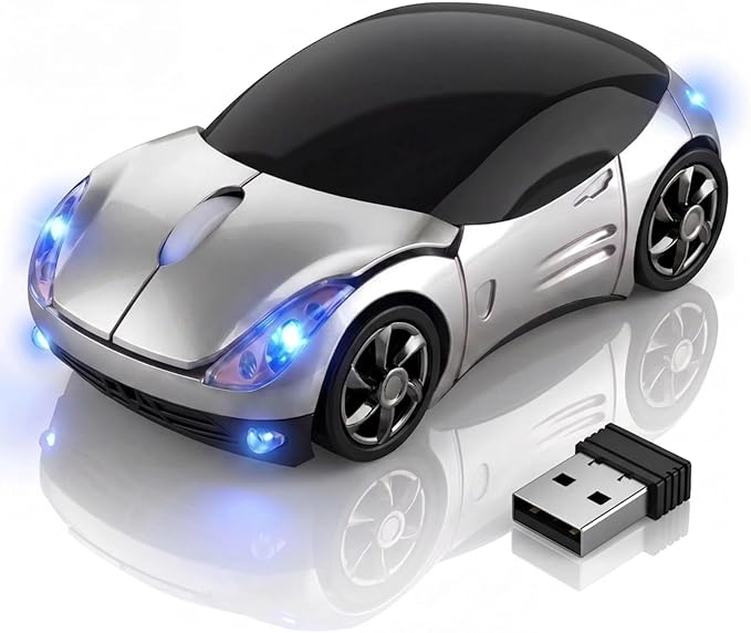 Silver Wireless Car Mouse, 2.4G with USB Receiver, 1600DPI Optical, Ergonomic Mini Computer Mouse, for Laptop, PC, Tablet, Windows, Mac OS