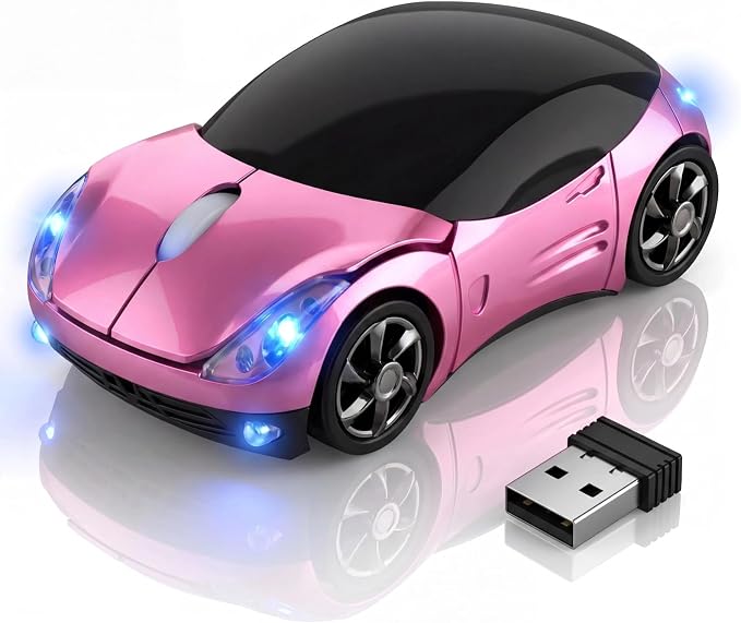 Pink Wireless Car Mouse, 2.4G Optical with USB Receiver, 1600DPI Mini Mouse, Compatible with Windows XP/Vista/7/ME/2000 & Mac OS, for PC/Laptop/Tablet, Women Girls Office