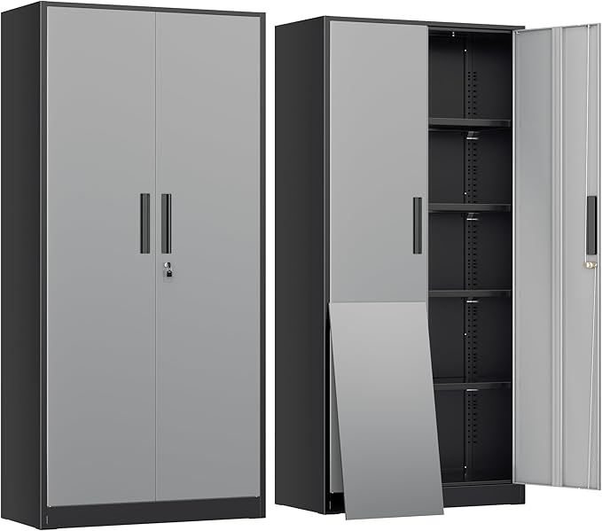 INTERGREAT Metal Lockable Storage Cabinet, 72” Storage Cabinet with 2 Doors and 4 Adjustable Shelves for Office, Home, Garage, Pantry (Assembly Required, Black Gray)
