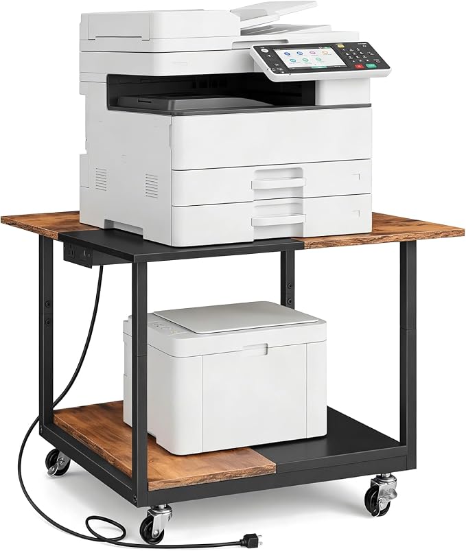 HOOBRO 23.6"×23.6" Large Printer Stand, Printer Table with Charging Station, Printer Cart on Wheels, Rolling Cart, for Office, Living Room, Rustic Brown and Black BF14UPS01