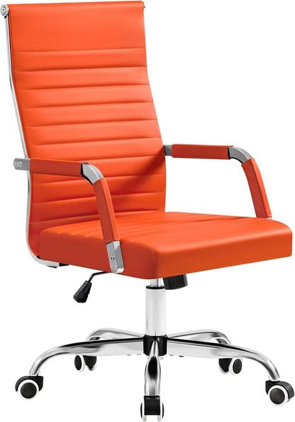 Furmax Ergonomic Office Desk Chair, Executive Ribbed Mid-Back PU Leather Conference Room Chair Adjustable Swivel Chair with Arms (1, Orange)