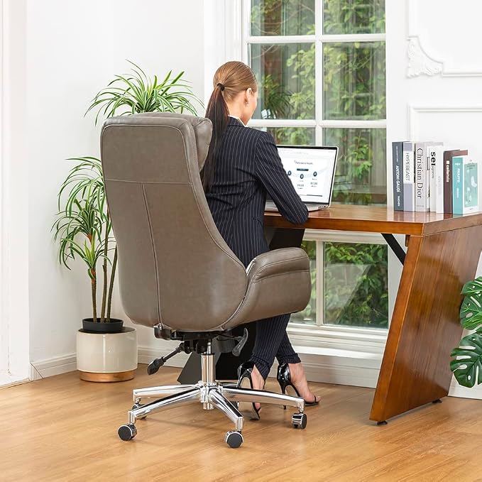 Glitzhome Mid-Century Modern Leatherette Adjustable Swivel High Back Office Chair Brownish Grey