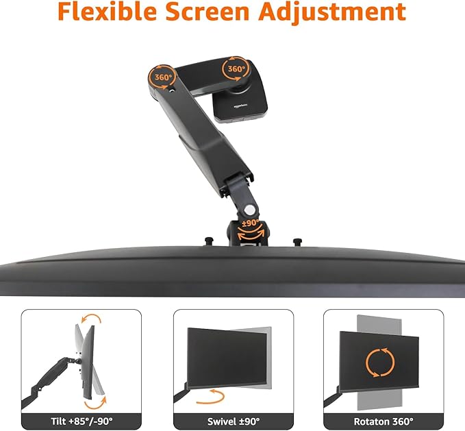 Amazon Basics Gas Spring Single Monitor Arm Desk Mount, Adjustable Tension, Fits 15–27 Inch Monitors, Supports 4.4–15.4 lbs, VESA 75x75/100x100, Black
