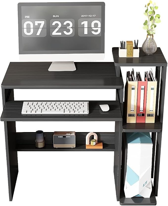 35" Compact Computer Desk with 3-Tier Storage Shelves & Keyboard Tray – Small Study Table for Bedroom or Home Office (Black)
