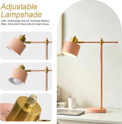 OYEARS 22.2" Modern Desk Lamp, Metal Table Lamp with LED Bulb, Adjustable Reading Lamps for Living Room, Mid Century Task Lamp for Home Office, Industrial Bedside Lamps with Solid Base, Pink