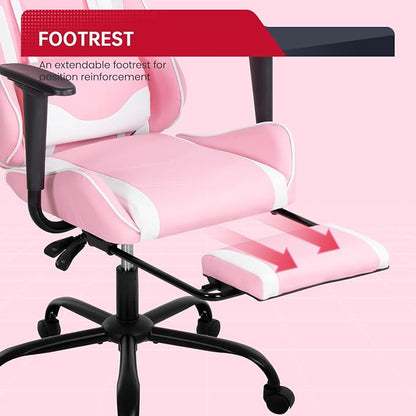 BestOffice | Ergonomic Gaming Chair | Pink | Reclining Computer Chair with Lumbar Support, Headrest Pillow, Adjustable Footrests | 360 Swivel with Heavy Duty Wheels | for Home & Office