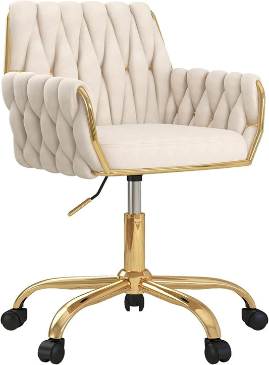 Velvet Home Office Chair, Modern Height-Adjustable Vanity Chair with Golden Base and Hand-Woven Backrest for Bedroom/Study/Vanity (Beige)