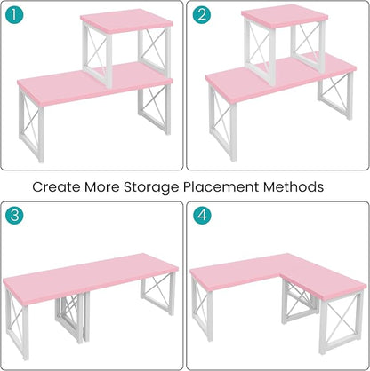 ELITEROO Desktop Shelf, 2 Tier Independent Stackable Desk Stand, Adjustable Freestanding Table Top Mini Bookshelf, Aesthetic Storage Organizers for Women/Girls/Daughter, Pink