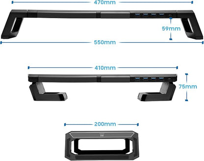 Ewent RGB Monitor Stand, Adjustable Screen Stand, Foldable with Storage Drawer, Smartphone and Tablet Holder + 4 USB 3.2Gen1 Ports, Monitor Riser for PC/Laptop/iMac, Black