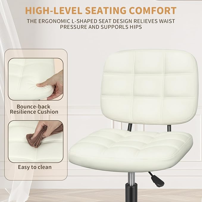 ERGOSEAT Armless Office Chair with Wheels, Small Desk Drafting Chair for Small Space, PU Leather Computer Task Chair, Height Adjustable Rolling Chair, Compact Chair for Home Office, Dorm, Vanity,White