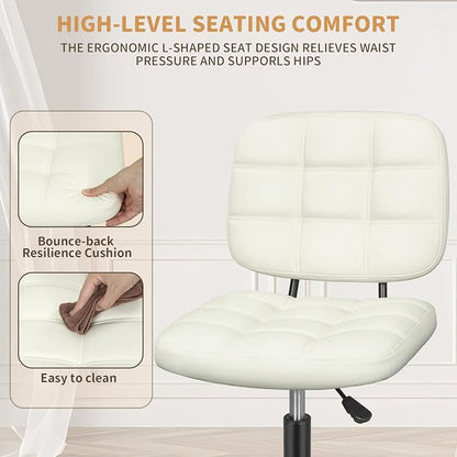 ERGOSEAT Armless Office Chair with Wheels, Small Desk Drafting Chair for Small Space, PU Leather Computer Task Chair, Height Adjustable Rolling Chair, Compact Chair for Home Office, Dorm, Vanity,White