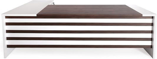 Leon 87" Wood Executive Large Desk for Home Office | Executive Right Side L Shaped Corner Desk & File Drawers w/Telescopic Rail | Modern Business Furniture | White & Brown