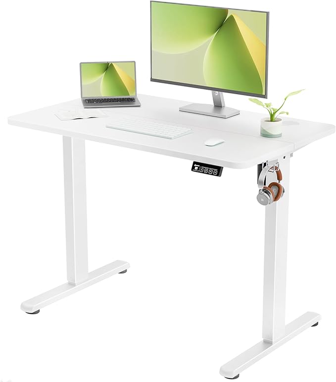 ERGOMAKER Electric Standing Desk, 39.3" x 23.6" Height Adjustable Sit Stand Desk with Splice Board for Home Office, Computer Desk Memory Preset (White Frame, White Desktop)