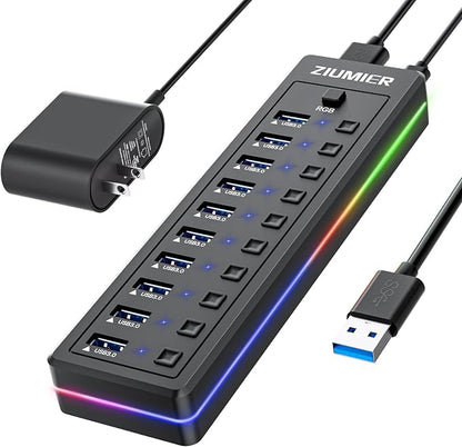 Powered USB Hub, 10-Port USB Splitter with RGB LED Strip | 5Gbps Data Transfer,Individual LED On/Off Switches and 12V/2A Power Adapter for Laptop, PC, Mouse, Keyboard, Hard Drive