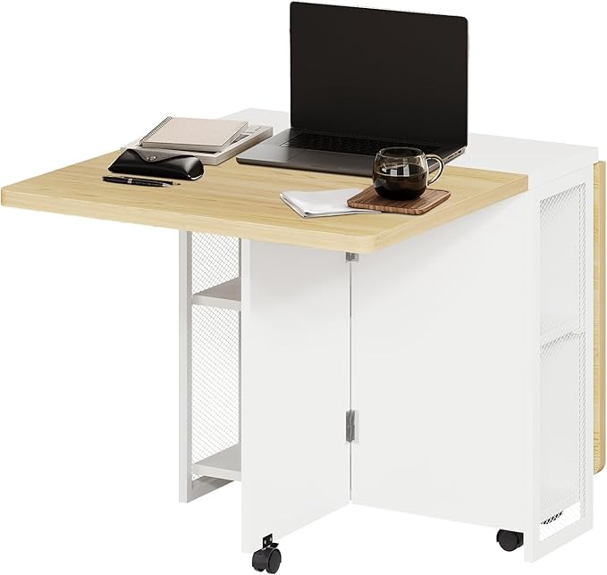 IDEALHOUSE FoldingTable, Drop Leaf Dining Table with 6 Wheels and 2-Layer Storage Shelf, Space Saving Table for Small Spaces (Pear Wood Color and White, 50.1" D x 31.4" W x 29.5" H)