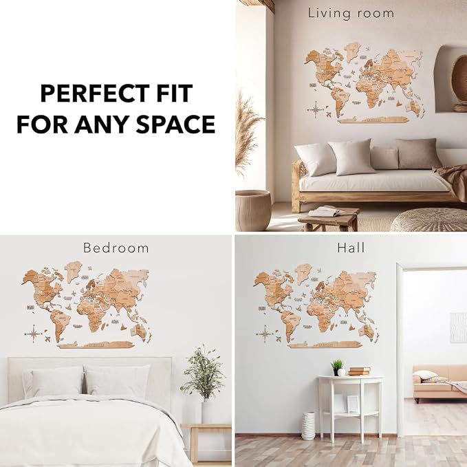 Enjoy The Wood 3D Wooden World Map Wall Art - Large Travel Map with Pins for Art Decor - Decorative Map of the World for Home, Office - Travel Wall Art Housewarming Gift Idea (Light, XL, Unframed)