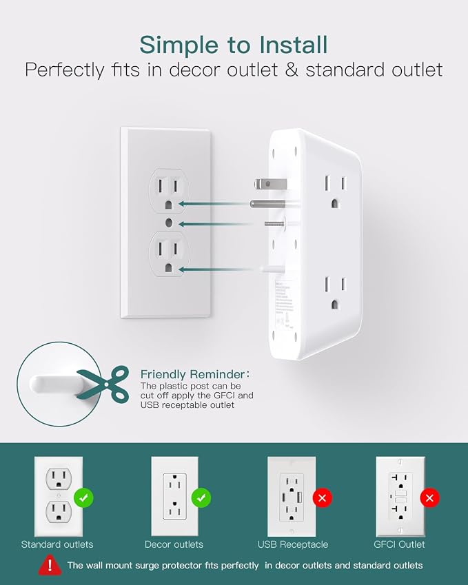 Addtam Surge Protector Outlet Extender, Plug Extension Outlet with Night Light, 5-Outlet Splitter and 4 USB Ports(PD 30W), Multi Plug Wall Outlet for Home Office Dorm Room Essentials