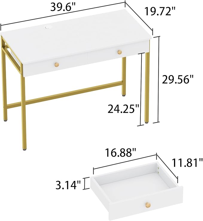 Weehom Computer Desk with Drawers, Home Office Desk for Writing, Studying, and Gaming - Sturdy and Spacious Workstation for PC and Laptop(White and Gold)