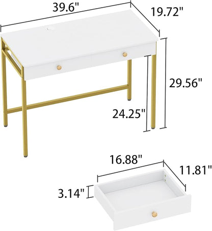 Weehom Computer Desk with Drawers, Home Office Desk for Writing, Studying, and Gaming - Sturdy and Spacious Workstation for PC and Laptop(White and Gold)