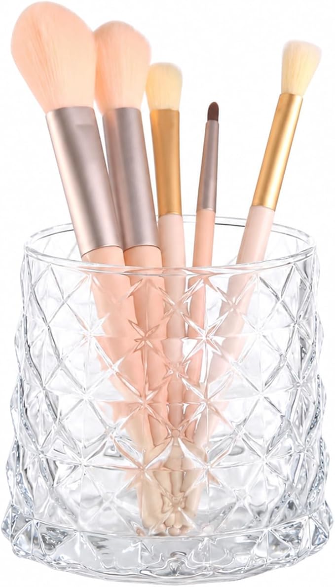 DASITON Glass Makeup Brush Holder Organizer, Diamond Pattern Cosmetic Storage Cup, Makeup Organizer for Vanity, Bathroom Countertop Toothbrush Holder, Desk Pen Pencil Holder (Clear)