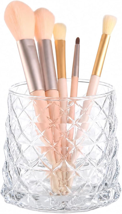 DASITON Glass Makeup Brush Holder Organizer, Diamond Pattern Cosmetic Storage Cup, Makeup Organizer for Vanity, Bathroom Countertop Toothbrush Holder, Desk Pen Pencil Holder (Clear)