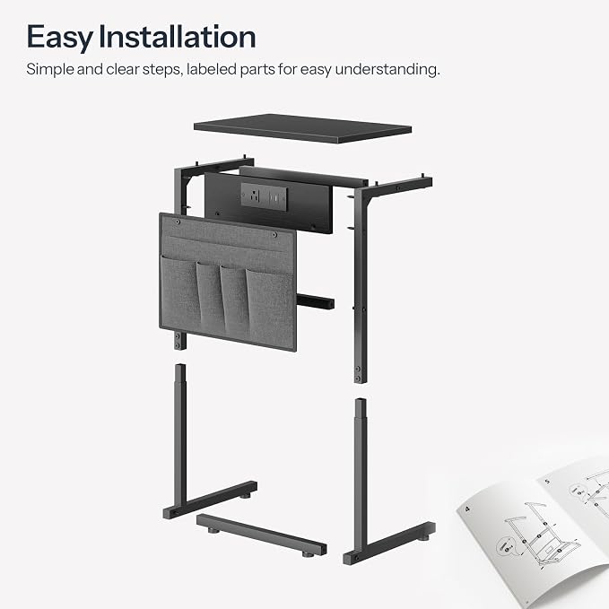 HOOBRO C Shaped End Table with Charging Station, 28" H Couch Side Table Slide Under, Sofa Arm Tray Table with Storage Bag for Living Room, Recliner, Black BB70USF01