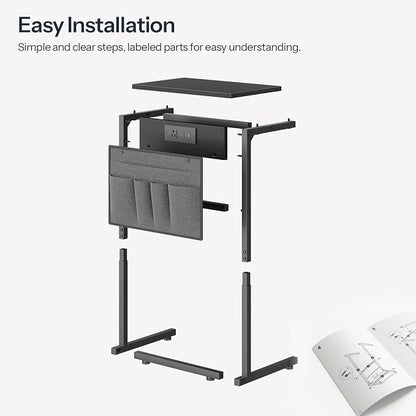 HOOBRO C Shaped End Table with Charging Station, 28" H Couch Side Table Slide Under, Sofa Arm Tray Table with Storage Bag for Living Room, Recliner, Black BB70USF01