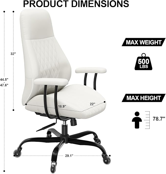 E-Ser Leather Desk Chair, Mid Century Modern Office Chair, White | Lumbar Support, Ergonomic, 360° Swivel, Rubber Rolling Wheels, Adjustable Height, for Adults