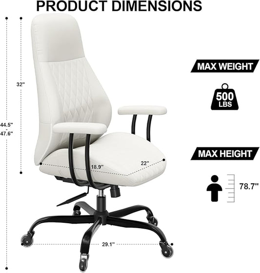 E-Ser Leather Desk Chair, Mid Century Modern Office Chair, White | Lumbar Support, Ergonomic, 360° Swivel, Rubber Rolling Wheels, Adjustable Height, for Adults