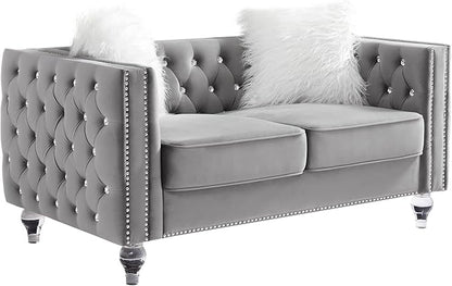 mikibama Velvet Loveseat with Buttons and Square Arms 59 Inch Tufted Sofa with Trimmed Nailhead and Metal Legs Loveseat Couch for Living Room, Bedroom (Grey-Crystal Legs, Loveseat)