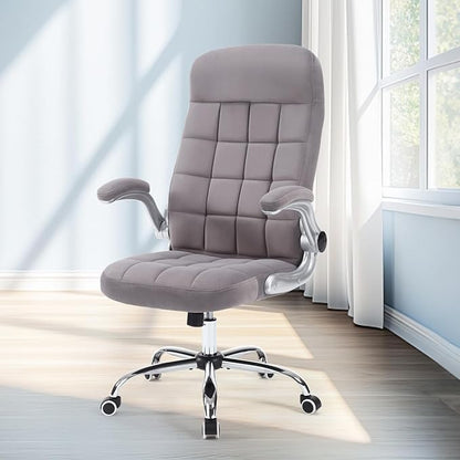High Back Fabric Office Chair, Comfy Velvet Executive Desk Chair with Flip-Up Arms, Ergonomic Office Desk Chair with Lumbar Support, Upholstered Home Computer Chair with Wheels (Grey)