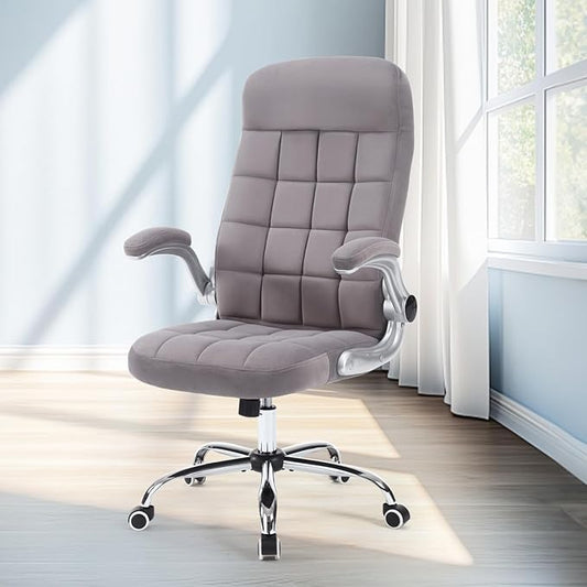 High Back Fabric Office Chair, Comfy Velvet Executive Desk Chair with Flip-Up Arms, Ergonomic Office Desk Chair with Lumbar Support, Upholstered Home Computer Chair with Wheels (Grey)