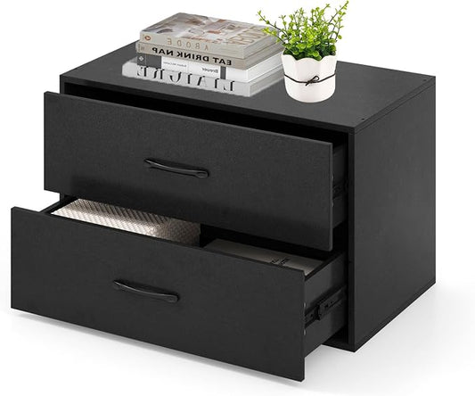 2 Drawer Lateral File Cabinet, Stackable Home Office Drawers, Under Desk Printer Stand, Low Storage Organizer, Horizontal Wooden Filing Cabinet for Study Living Room, No Wheels (1, Black)